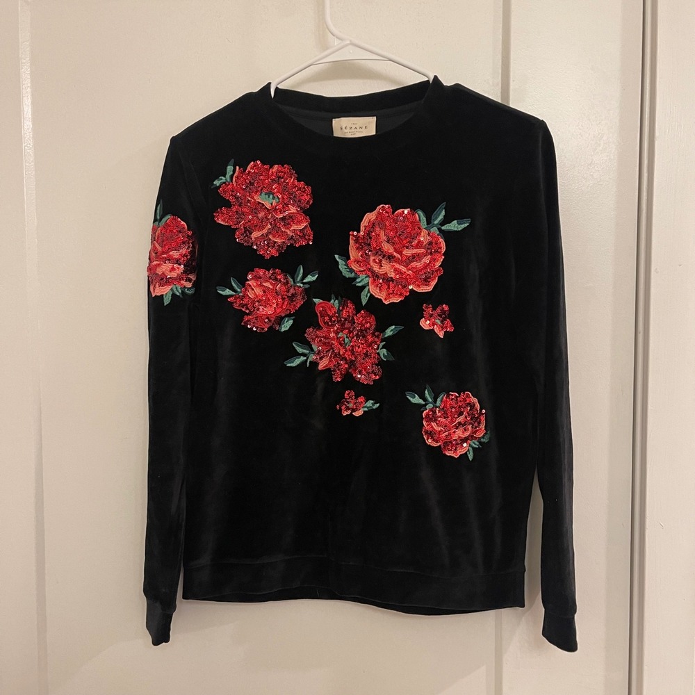 Sezane Back Velour Sequined Rose Blouse Holiday Luxury Whimeygoth